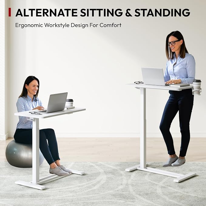 SANODESK 32'' Mobile Standing Desk with Hidden Wheels,Pneumatic Laptop Desk | Sofa Computer Cart Movable Height Adjustable Table Small Sit Stand Desk for Home Office Hospital Use,31.5" W x 17.7",White