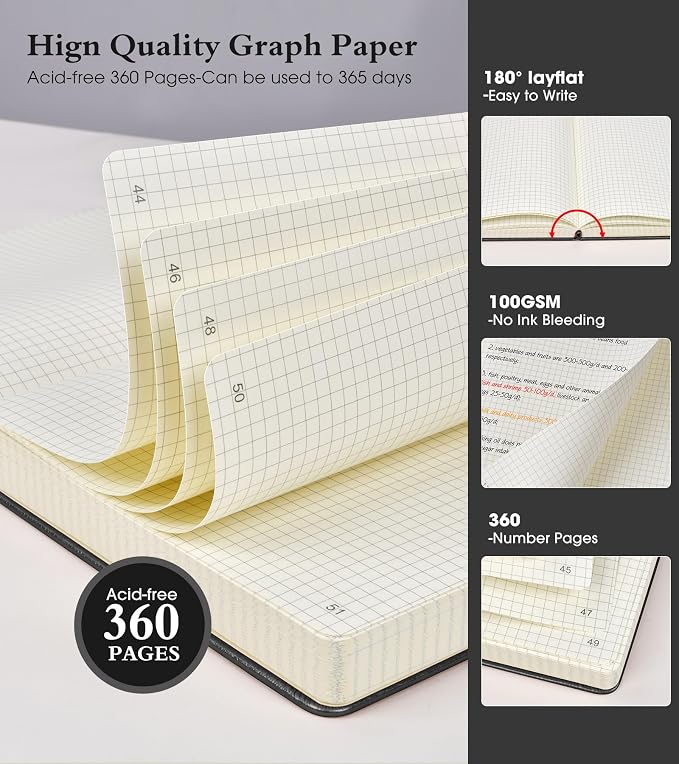 Ansopu Graph Paper Notebook Journal, 360 Numbered Pages Grid Notebooks 8.5 x 11, Thick 100gsm Paper Graphing Journals for Women Men, A4 Large Hardcover Graph Leather Journals for Writing Black