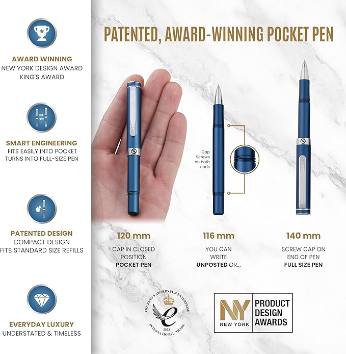 Scriveiner Blue Rollerball EDC Luxury Pen, Chrome Finish, 4 Black Refills (Medium)