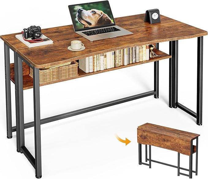 Huuger Folding Desk with Storage Shelf, 39.3 Inch Foldable Computer Table for Small Spaces, Space Saving Sofa Table for Couch, Writing Work Office Computer Desk, Easy to Fold, Rustic Brown