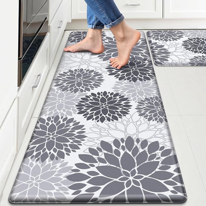 StepLively Kitchen Mats for Floor 2PCS, 0.47" Anti Fatigue Mats for Kitchen Floor, Kitchen Accessories for Sink, Office, Laundry, 17.3"×30"+17.3"×47", White and Grey