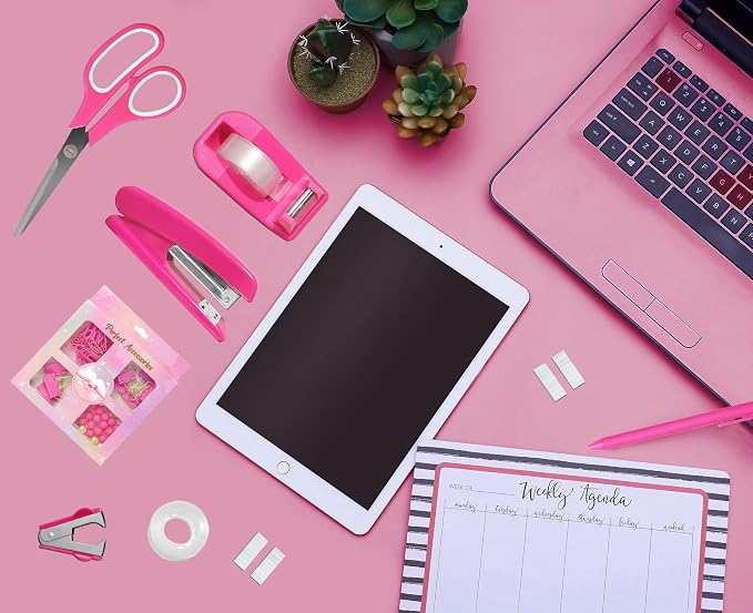 Dimonluce Hot Pink Desk Accessories, Hot Pink Office Supplies Accessories with Tape Dispenser, Stapler, Staple Remover, 1000 Staples, Tape, Clips Set, Ruler, Scissor, Pen