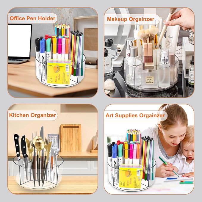 HONUTIGE Acrylic Desk Organizer Clear, 360 Degree Rotating Pen Organizer Large Pen Holder with Mini Paper Clips Stationery Supplies Marker Holder Art Supply Storage Organizer 5 Compartments