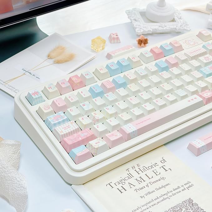 Blue Pink Gingham Keycaps 143 Keys, PBT Keycap Set Cherry Profile, Cute Custom Keycap, Dye-Sublimation Key Caps for Cherry MX Switches Mechanical Gaming Keyboard 60% 75% 100%