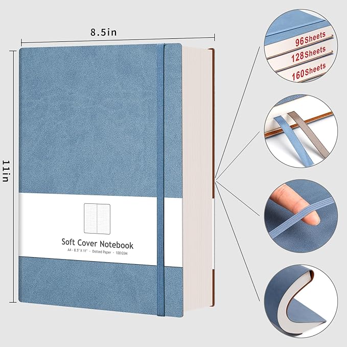 AHGXG Dotted Journal - Large A4 Notebook Dotted, 8.5''×11'', 320 Pages Dot Grid Notebook, 100gsm Thick Paper, Leather Softcover, with Journal Stencils, Inner Pocket, Gray Blue