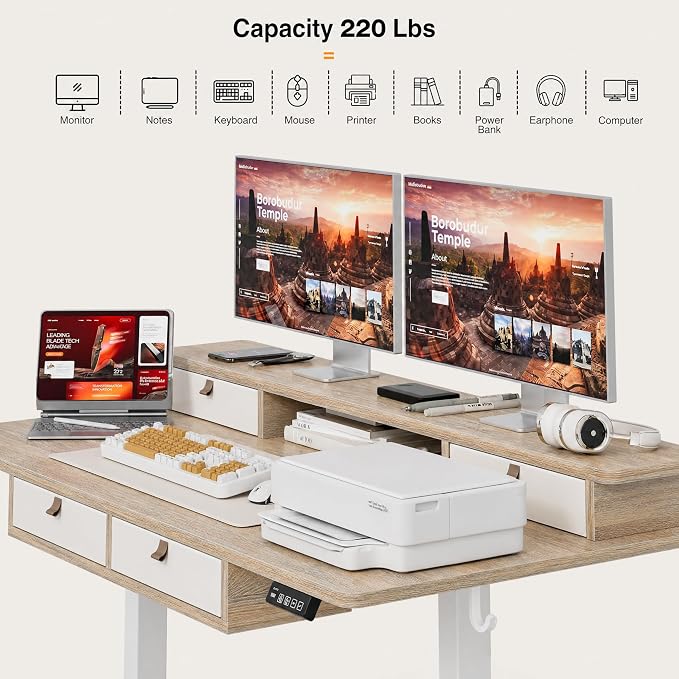 Grandder Electric Standing Desk with Four Drawers, Sit to Stand Up Height Adjustable Desk with Storage Shelf for Home Office, 47 * 28 Inch, Study, Ergonomic Adjustable Computer Desk, Maple