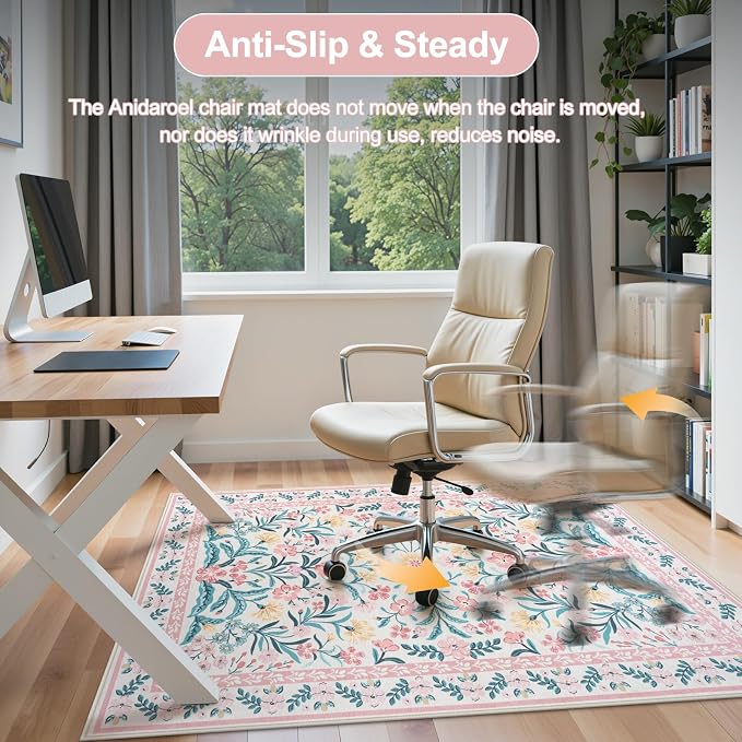 Anidaroel 48"x60" Office Chair Mat for Hardwood Floor/Tile Floor, Anti-Slip Floral Desk Mat for Chair,Boho Desk Rug for Office, Low Pile Office Rugs for Rolling Chairs, Blush Pink Floor Protector Rug