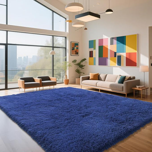 Blue Fluffy Rug Shag Area Rug, 9x12 Area Rugs for Girls Bedroom, Big Soft Shag Bedside Non-Slip Plush Dorm Carpet Home Decor Aesthetic