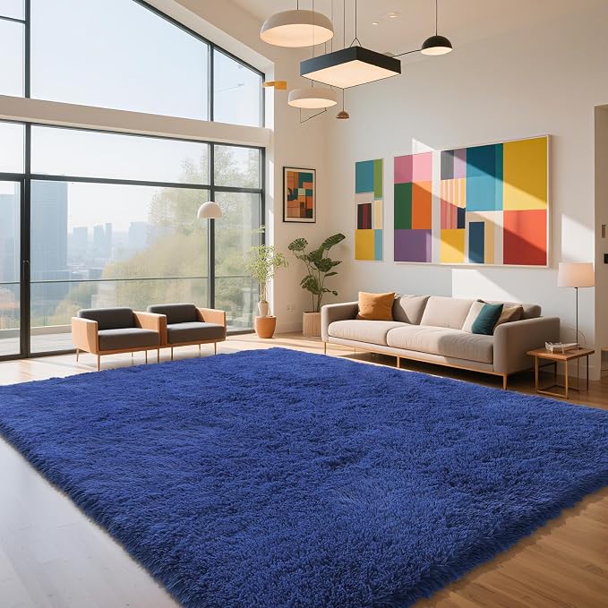 Blue Fluffy Rug Shag Area Rug, 8x10 Area Rugs for Girls Bedroom, Big Soft Shag Bedside Non-Slip Plush Dorm Carpet Home Decor Aesthetic