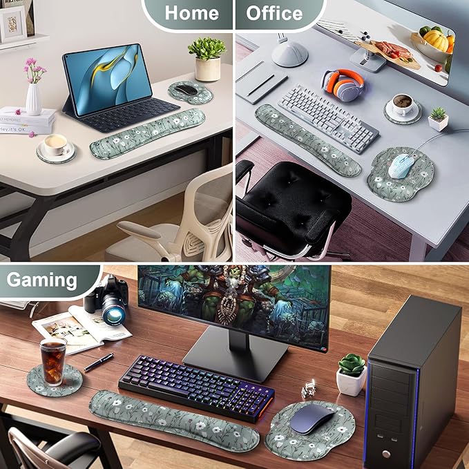 Green Floral Mouse Pad with Wrist Rest and Keyboard Wrist Set, Wildflower Ergonomic Memory Foam Mouse Pad Set for Women, Office, Typing, Gaming