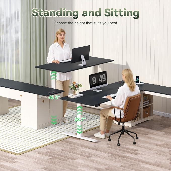 66 inch Farmhouse L Shaped Standing Desk with Storage for Home Office | Corner Electric Standing Desk with Drawers ＆ Storage Shelves, Height Adjustable Desk with Power Outlets, Black & White