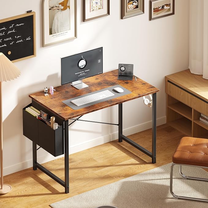 OLIXIS Small Computer Desk, 40 Inch Home Office Desks, Writing Study Craft Work Gaming Table, Computer Workstation for Bedroom Small Spaces with Storage Bag and Headphone Hook, Rustic Brown