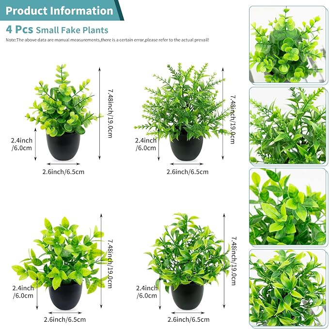 4 Pack Mini Fake Plants Artificial Potted Plants for Home Office Bathroom Shelf Desk Decor, Small Faux Greenery with Black Pots, Assorted Faux Grass & Leaf Plants for Indoor Aesthetic Decoration