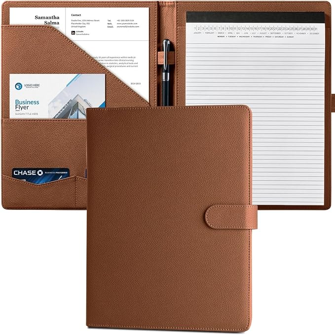 Mymazn Padfolio Portfolio Folder, Faux Leather Interview Resume Folder with Document Organizer & Business Card Holder, Letter-Sized Notepad Legal Pad Holder for Men Women (Golden Brown)