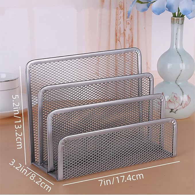 VANRA Small Letter Sorter Desktop Envelopes Holder Organizer Metal Mesh with 3 Vertical Upright Compartments (Silver)