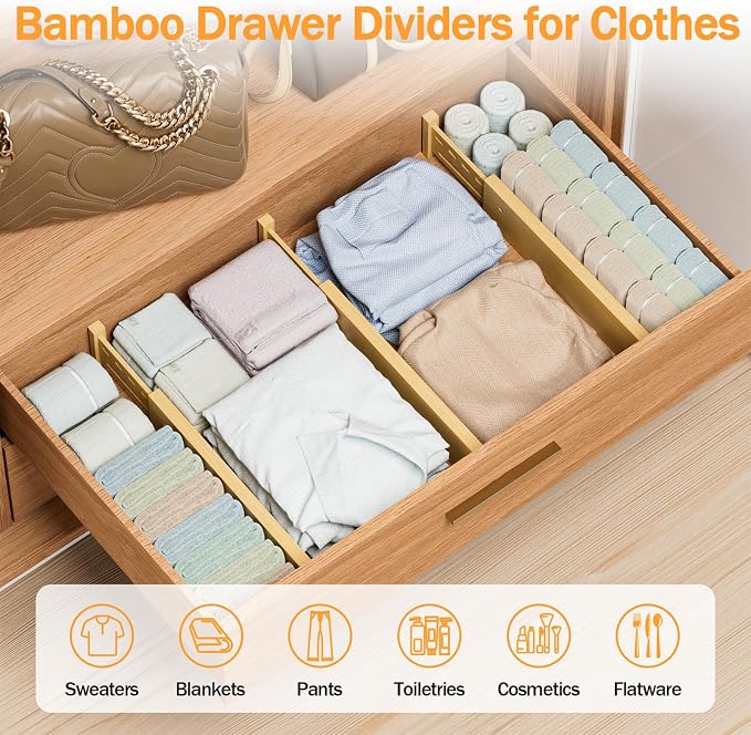 Bamboo Drawer Dividers, 4" High Drawer Organizers for Clothes/Utensils | 12.8-18" Expandable Wooden Drawer Separators for Dresser, Kitchen, Bathroom, Nursery, Office Organization & Storage, 6 Pack