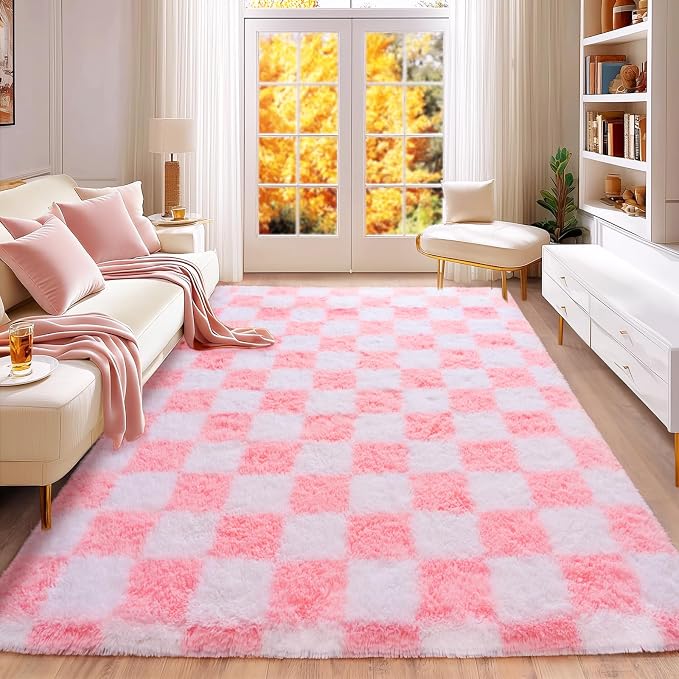 Checkered Rug 4x6 for Bedroom, Ultra Fluffy Shag Area Rugs for Living Room, Upgrade Anti-Skid High Pile Soft Rug Fuzzy Carpet for Living Room Bedroom Kids Room Nursery, Dorm Home Decor, Pink and White