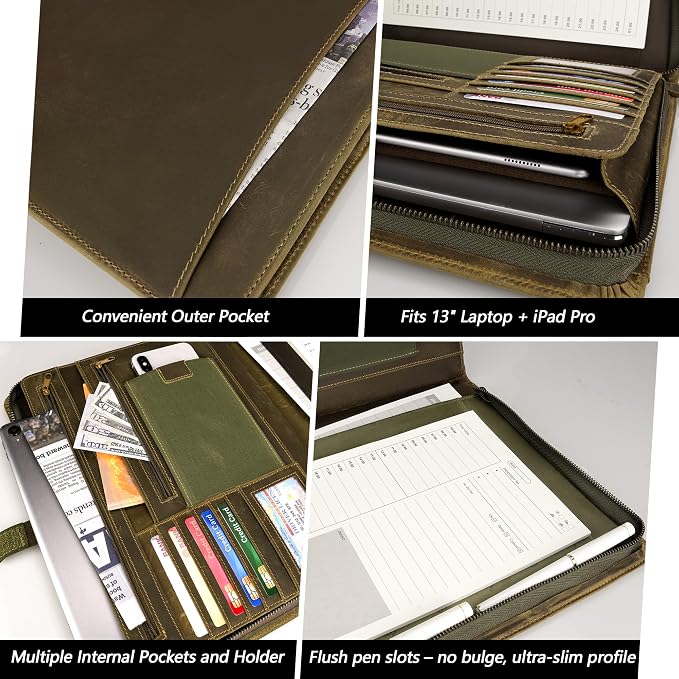 JinRuiKJ Full Grain Leather Portfolio with Zipper, Professional Business Organizer for Men Women, Executive Resume Folder with A4 Notepad Holder, Card Slots, Pen Loop, 10x13'', Luxury Gift Set (Green)