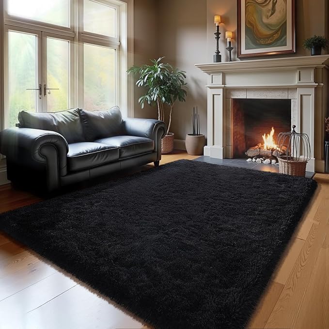 HOMORE Bedroom Rug 3x5 Black Rugs for Living Room, Luxury Fluffy Area Rugs for Indoor Entrance, Non Slip Kids Rug for Nursery Girls Boys Dorm