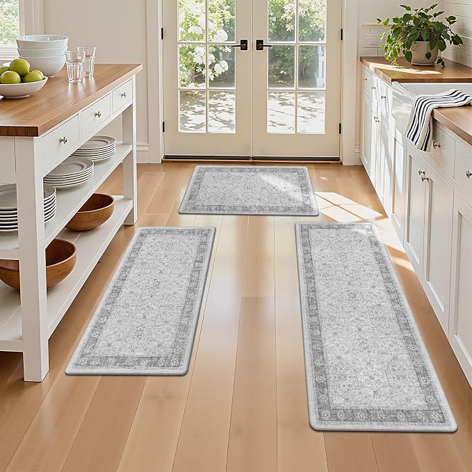 Pauwer Anti Fatigue Kitchen Floor Mats Set of 3, Cushioned Rugs, Light Grey | Non Slip Comfort Standing Mat, PVC Foam Padded Kitchen Rugs, Waterproof Sink Rug for Small Kitchen Area, Laundry Room