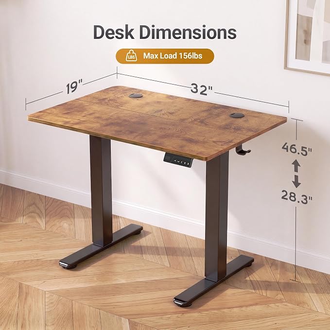 Claiks Electric Small Standing Desk, 32x19 Inch, Rustic Brown | Adjustable height for sit-stand, 156lbs capacity, scratch-resistant surface, 3 memory presets, cable management & hook.