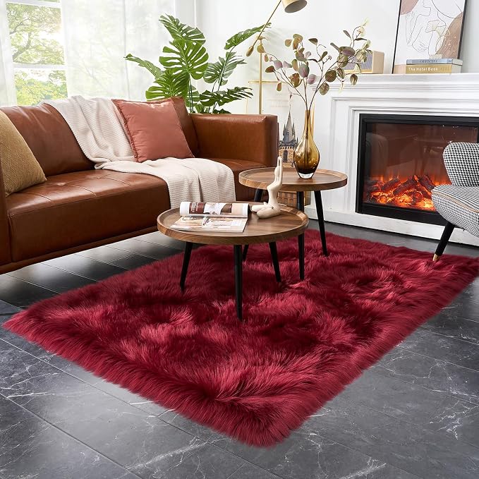EasyJoy Ultra Soft Fluffy Shaggy Area Rug Faux Fur Rug Chair Cover Seat Pad Fuzzy Area Rug for Bedroom Floor Sofa Living Room (4 x 6 ft Rectangle, Burgundy)