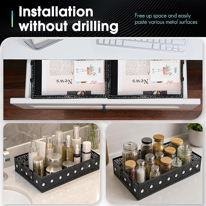 Desk Drawer Organizer, A4 Large Metal Mesh Desk Rrganizer Tray, Versatile Storage Box Set for Office Home Supplies,Carved Hollow Floral Desk Tray, 13 x 9 inches (1, Rhinestones)