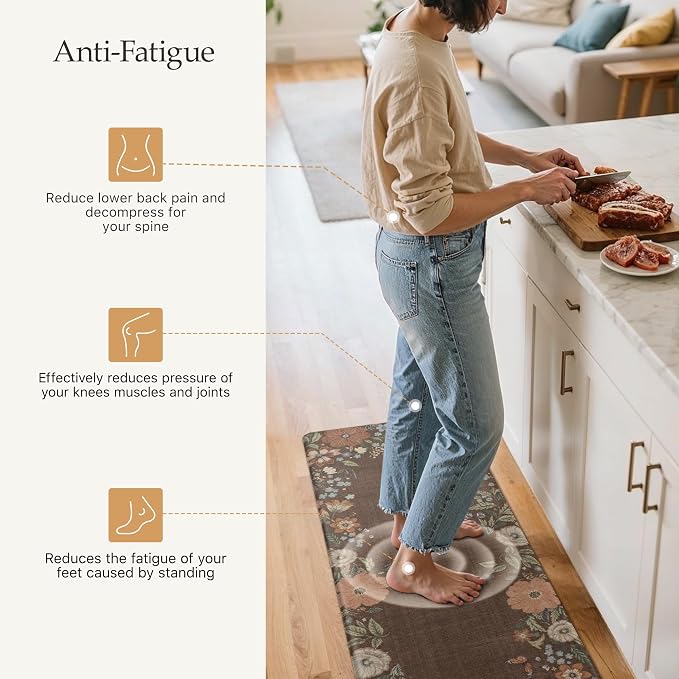GENIMO Anti Fatigue Kitchen Mats for Floor 2PCS, Cushioned Standing Mats | 17.3"x59"&17.3"x30", Light Brown vintage floral rug set, waterproof, non slip, easy-clean for farmhouse