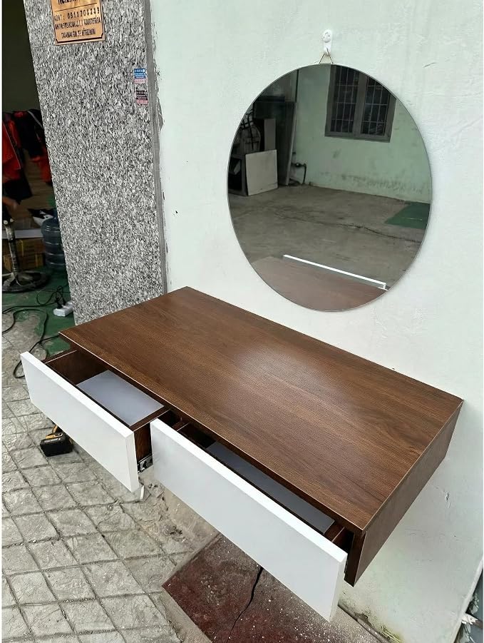 Wall Mounted Floating Vanity Desk with 2 Storage Drawers Modern MDF Makeup Table – 39.4 x 15.7 x 5.9 in (100 x 40 x 15 cm), Space-Saving Makeup Table for Bedroom or Small Spaces (Brown)