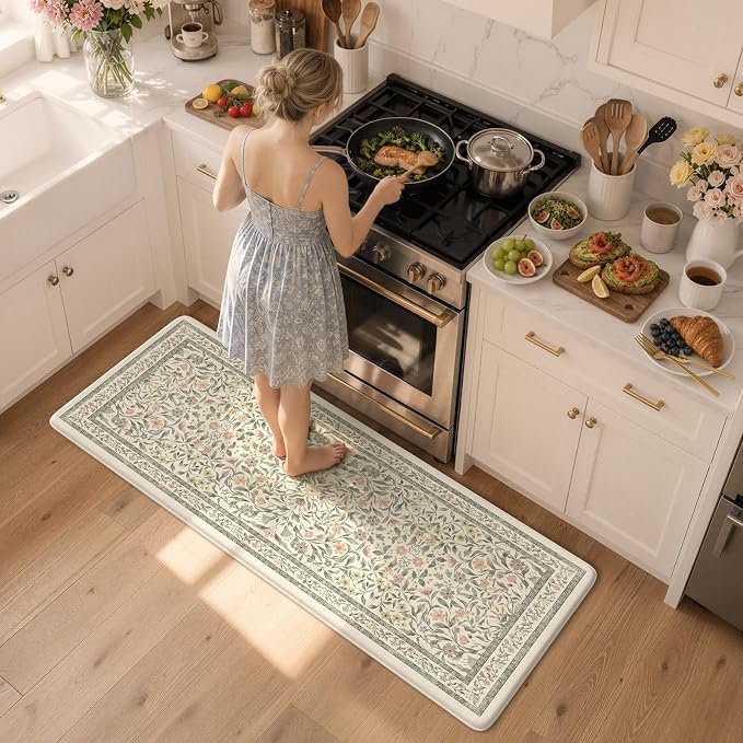 KIMODE Anti Fatigue Kitchen Mats for Floor, Boho Floral Kitchen Runner Rug 24"x59", Paded Kitchen Floor Mats, Waterproof Laundry Room Rug, Bath Mat for Sink Home Decor, Beige Office Standing Desk Mat