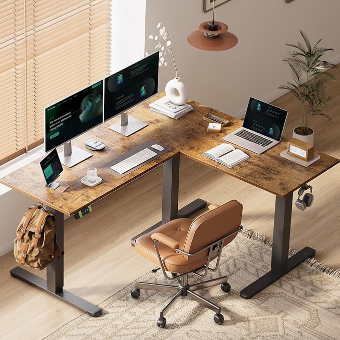 Claiks L Shaped Height Adjustable Electric Standing Desk with Dual Motors and Headphone Hook, 59" Corner Sit Stand Desk with Memory Presets for Home Office & Gaming, Rustic Brown