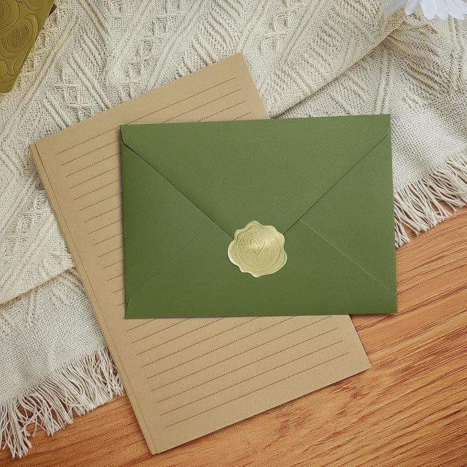 Stationery Set,stationary letter and envelopes 4x6 Envelopes,28 Stationery Writing Papers with 14 Matching Envelopes (Olive Green)