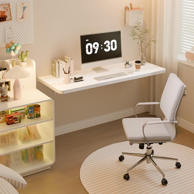 Dogsky 48" x 16" Floating Wall Desk, Fold Down Wall Table - 300 lbs Heavy Duty Solid Pine Wall Mount Folding Desk for Home Office, Laundry Room, Kitchen & Small Apartment, White