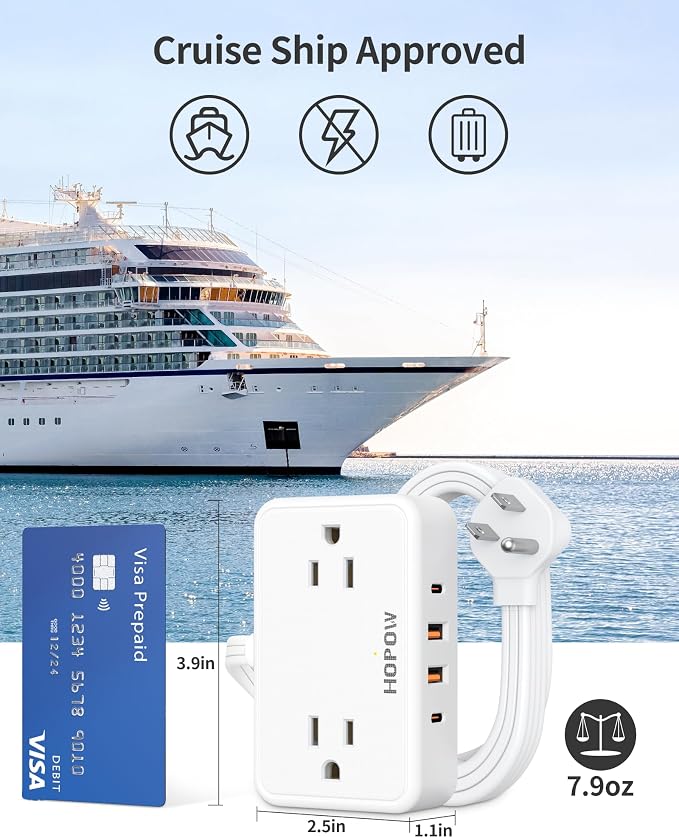 Flat Plug Extension Cord, 6 Ft Ultra Thin Power Strip with 4 AC Wide Spaced Outlets and 4 USB (2 USB-C) Ports, No Surge Protector for Cruise Ship, White Extension Cord for Travel Home Office