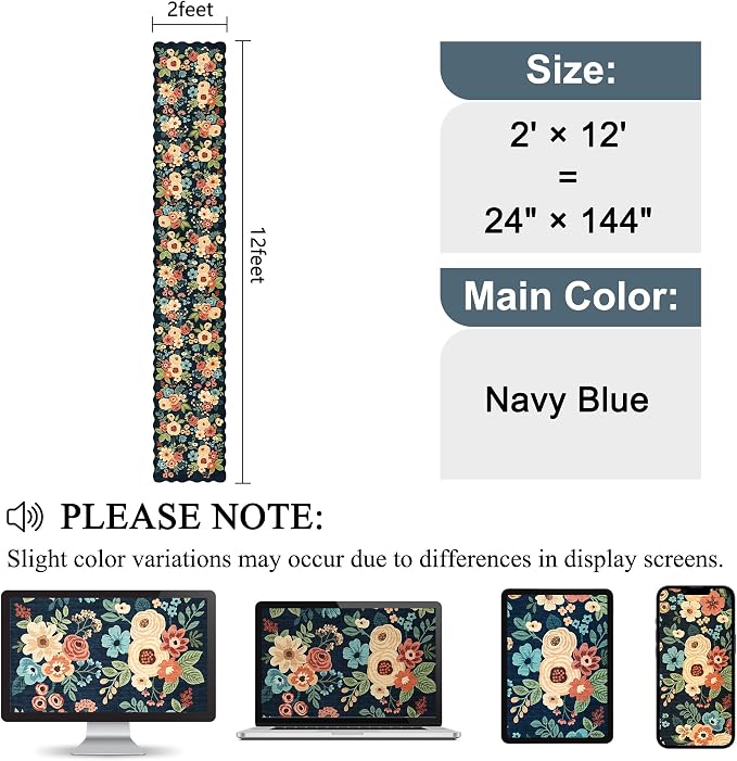 DUKINO 2x12 Runner Rug for Hallway, Soft Floral Washable Kitchen Runner Rug with Non Slip Backing, Lightweight & Low Pile Extra Loog Carpet for Entryway, Laundry Room, Entrance, Bedroom, Navy Blue