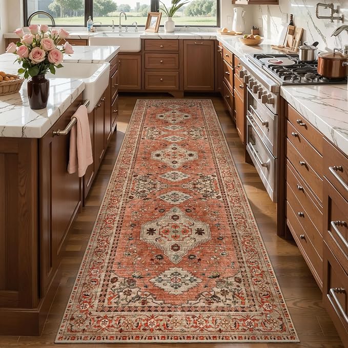 Tangsoo Boho 3x8 Runner Rug for Hallway Long Washable Hallway Runner Rugs, Non Slip Vintage Soft Low Pile Rug Runner, Oriental Terracotta 8ft Carpet Runners for Kitchen Bedroom Entryway Living Room