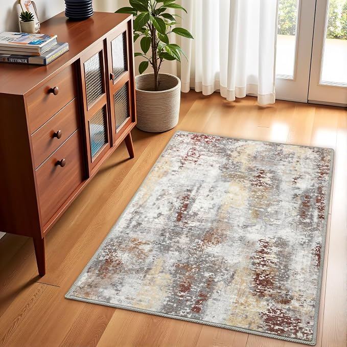 Macgace Washable Abstract Rug, 2x3 Small Modern Area Rugs with Non-Slip Rubber Backed for Kitchen, Thin but Soft Throw Carpet Bedroom Entryway Front Door Decor, Rusty Brown
