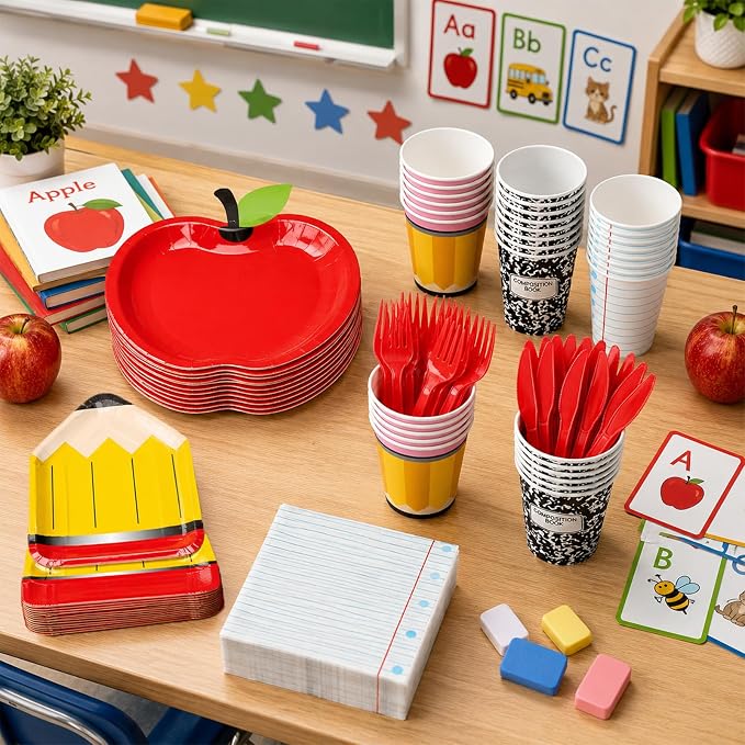 Back to School Party Supplies Kit Apple Pencil Notebook Composition Tableware Set Disposable Dinnerware Paper Napkin Plate Cup Fork for First Day of School Kindergarten Graduation Decor, 24 Guest