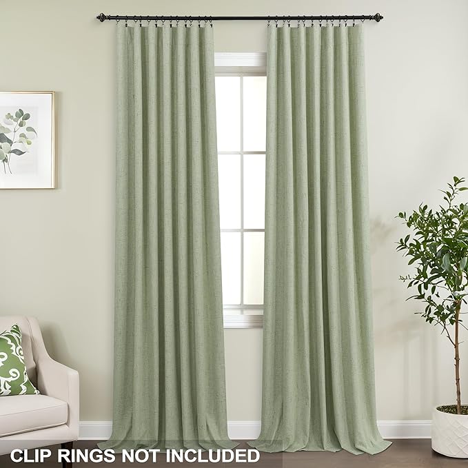 Sage Green Linen Blackout Curtains for Bedroom 84 Inch Long Black Out Pleated Thermal Darkening Light Blocking Boho Farmhouse Cottage Core Soundproof Sound Proof Curtains for Office Window Living Room