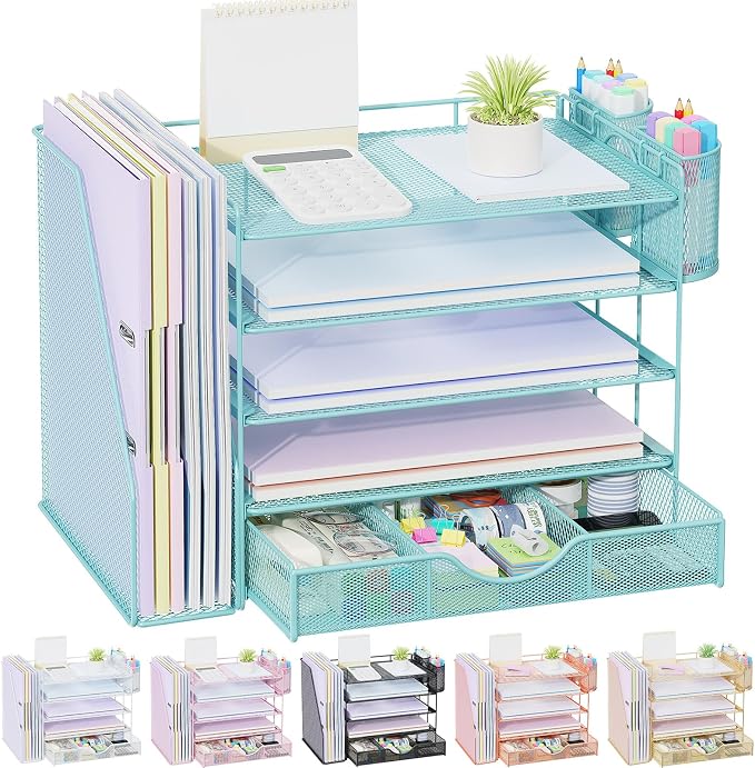 gianotter 5-Tier Desk Organizer with Drawers and File Holders | Letter Trays and Pen Holders - Workspace Accessories for Office Supplies (Blue)