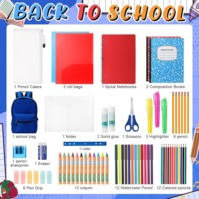 Gilprop 79 Pcs Back to School Supplies Box for Kids K-5 Students Elementary Middle School Supplies Kit Bundle Bulk Essential Pen Notebook Stationery for Primary Student Classroom(Navy Blue)