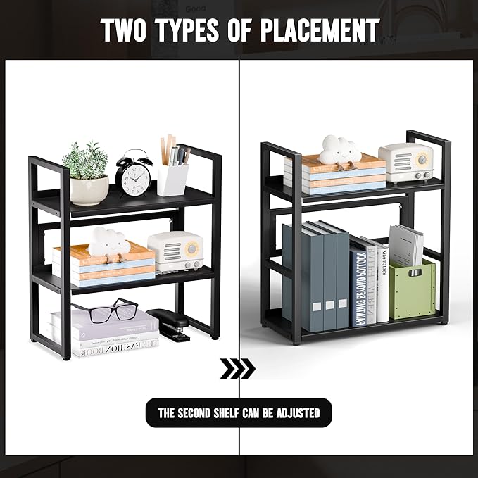 Brakki Desk Shelf Organizer, 2-Tier Desktop Bookshelf, Small Office Shelf | Adjustable Shelf, Metal Desktop Rack for Dorm, with Foot Mat, Multi-Functional Organization, Black