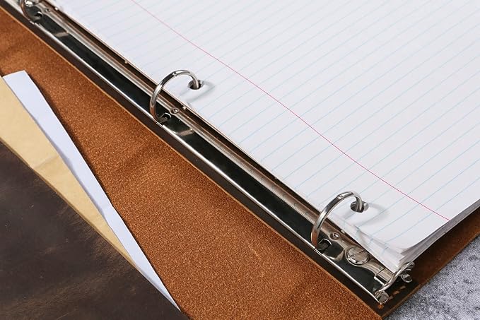D&M Leather Studio Handmade Leather 3 Ring Binder Portfolio, Letter Size 8.5 x 11, Vintage Organizer Folder with Pockets, Pen Holder & Snap Closure, Brown
