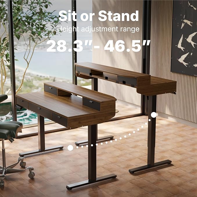 HUANUO 48 x 24 Inch Electric Standing Desk with 4 Drawers, Walnut | 4 Drawers For Organized Storage, Raised Monitor Shelf, C-Clamp Mount Support, 4 Memory Presets, 28.3–46.5 Inch Height Range