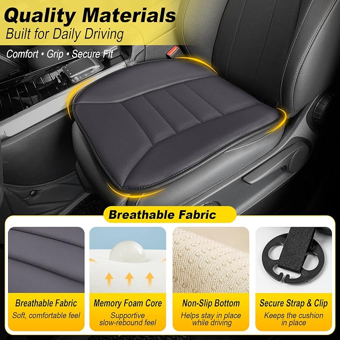 kingphenix 3-Piece Memory Foam Car Seat Cushion Set for Driving Comfort | 2 Front Seat Cushions and 1 Rear Bench Pad, 1.2-Inch Memory Foam, Non-Slip Bottom for Sedan, SUV, Truck and Van, Dark Grey
