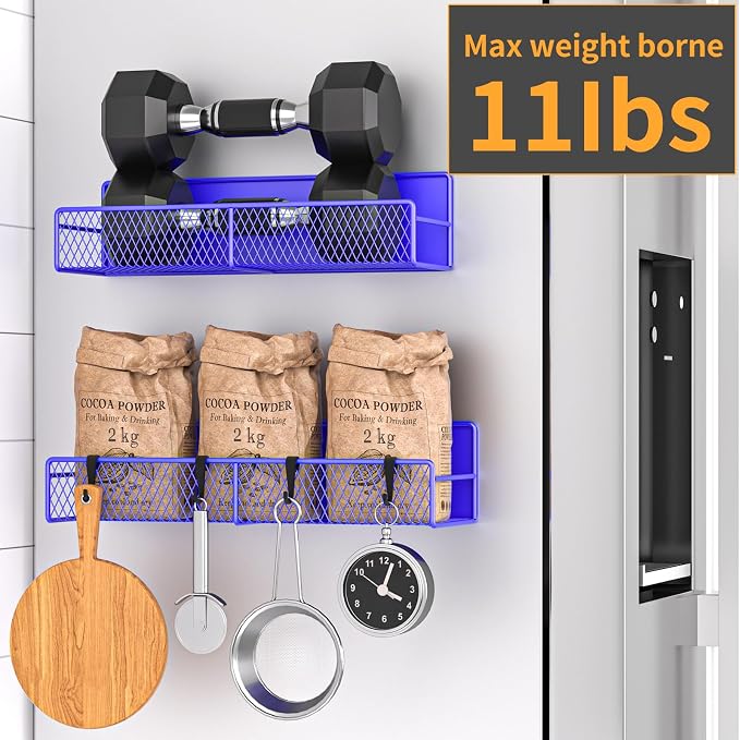 Magnetic Spice Rack for Refrigerator, 2 Pack 100% Metal Strong Magnet Shelf, Space Saving Spice Organizer W/ Hooks, Movable Magnetic Fridge Shelf, Kitchen Home Laundry Storage Organization,Purple Blue