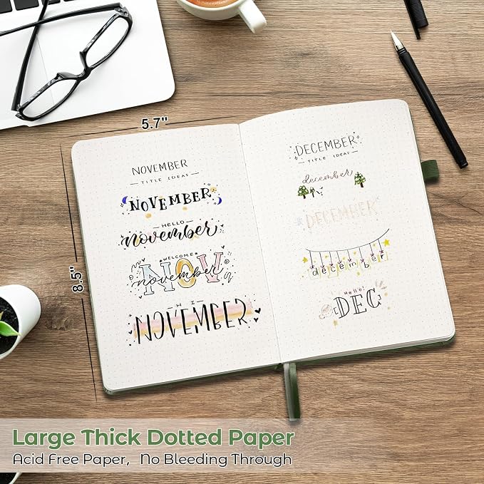 Dotted Journal, Hardcover Notebook, Dot Grid Notebook Journal for Women, Men, Large Leather Journals for Writing, Bullet, No Bleed Thick Paper, A5 Notebooks for Work, School, Notes, Light Green