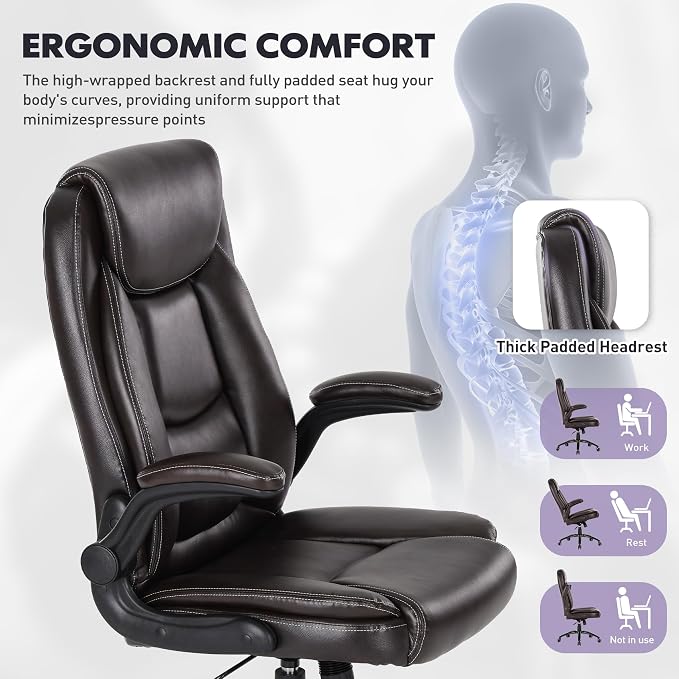 MALOL 300LBS PU Leather High-Back Executive Office Chairs, Heavy Duty Home Ergonomic Computer Chair Flip-Up Armrests & Reclining Backrest, Brown