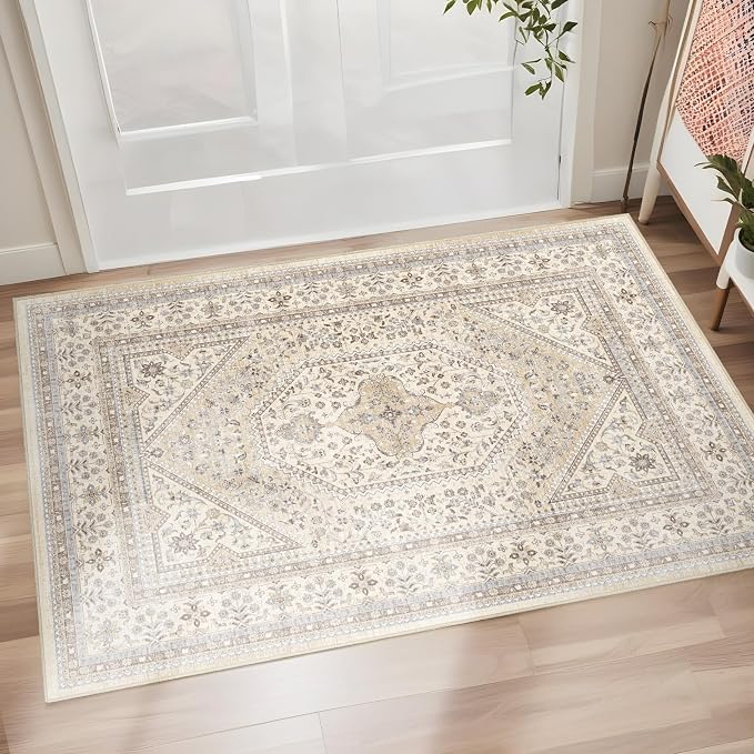 Puino Washable Entryway 2x3 Rug: Small Boho Rugs for Indoor Entrance Non Slip Backing Stain Resistant Carpet Low Pile Throw Rugs for Bedroom Bedside Inside Front Door Floor Kitchen Decor(Beige,2x3FT)