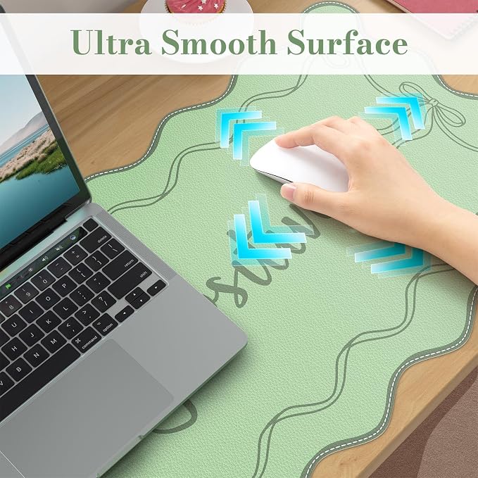 iCasso Green Scalloped Desk Cover Mat, Extra Large Mouse Pad, PU Leather Desk Pad Mat,Waterproof Writing Blotter for Desktop Protector, Non-Slip XXL Big Mousepad for Computer Office Dorm-Bow